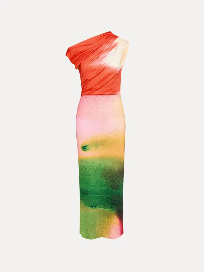Abstract Watercolor Jersey Dress Vermilion Multi Women Oscar De La Renta Dresses Abstract Watercolor Jersey Dress Vermilion Multi Women Oscar De La Renta Dresses
