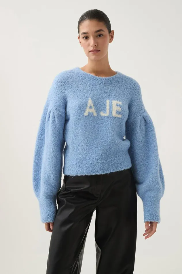 Aje Knitwear and Jumpers Moment Logo Knit Powder Blue 8211 Women Aje Knitwear and Jumpers Moment Logo Knit Powder Blue 8211 Women