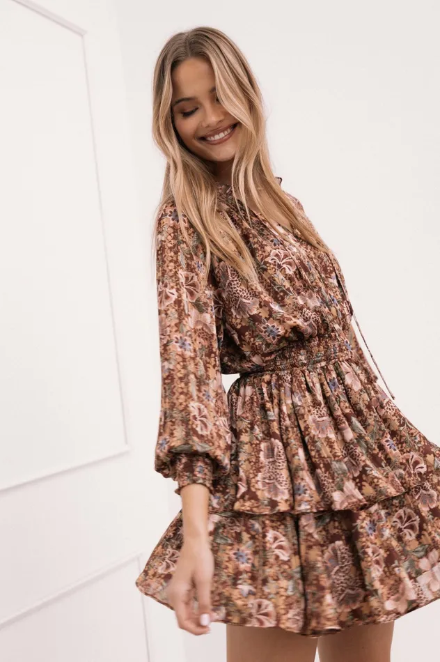 Alby Long Sleeve Mini Dress Chocolate Brown Women Floral Dresses Petal and Pup