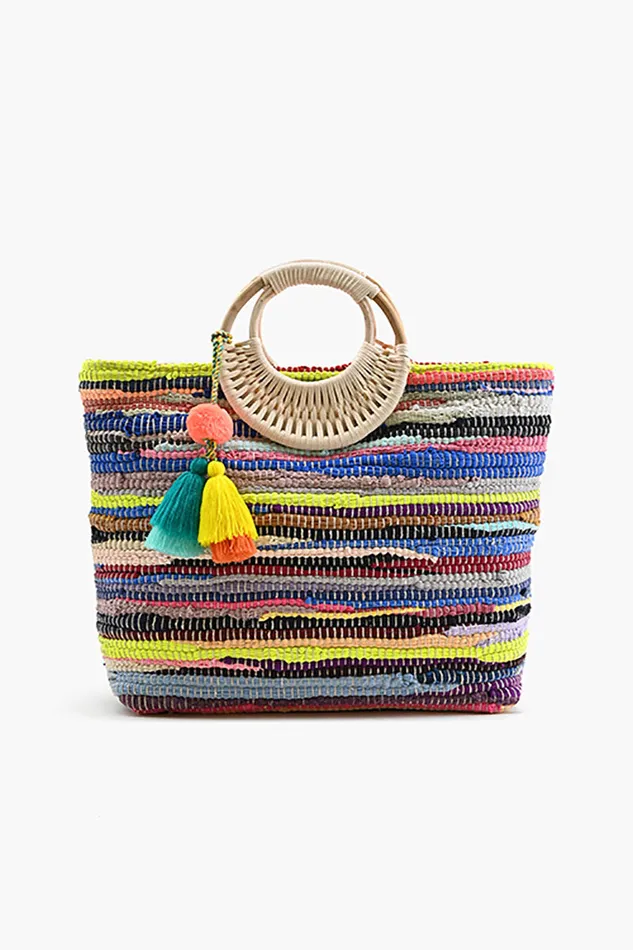 America and Beyond Beach Bags Women Rainbow Handwoven Tote With Tassel
