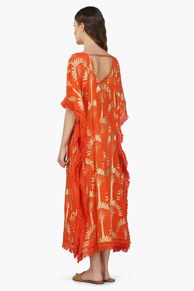 America and Beyond Sunset Palm Foil Tassel Kaftan Women Dresses
