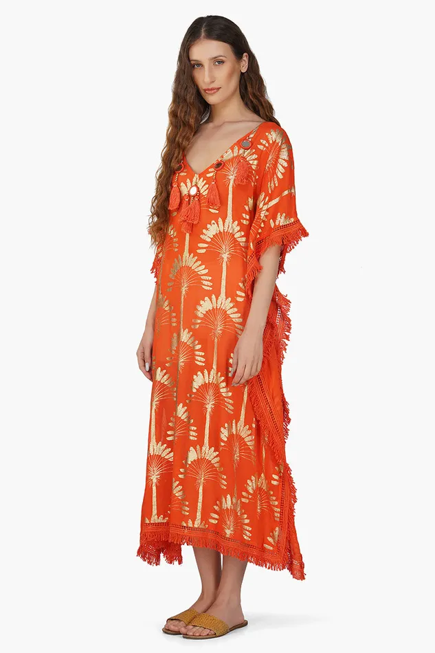 America and Beyond Sunset Palm Foil Tassel Kaftan Women Dresses