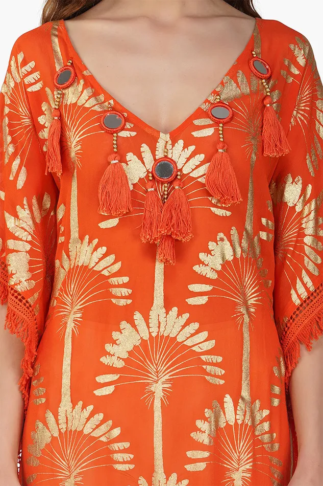 America and Beyond Sunset Palm Foil Tassel Kaftan Women Dresses