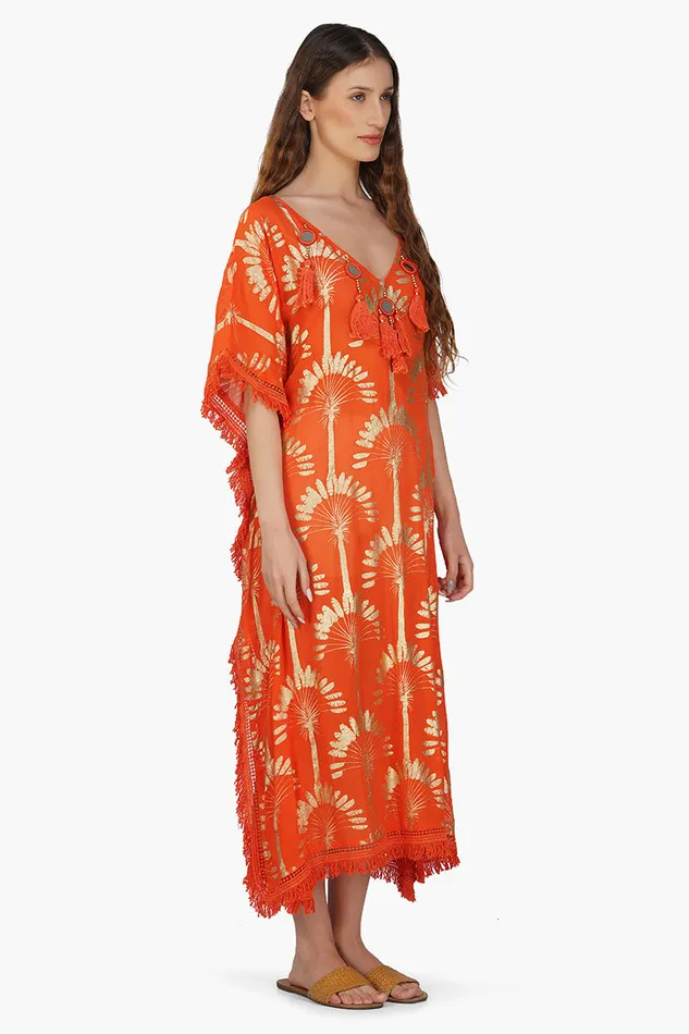 America and Beyond Sunset Palm Foil Tassel Kaftan Women Dresses