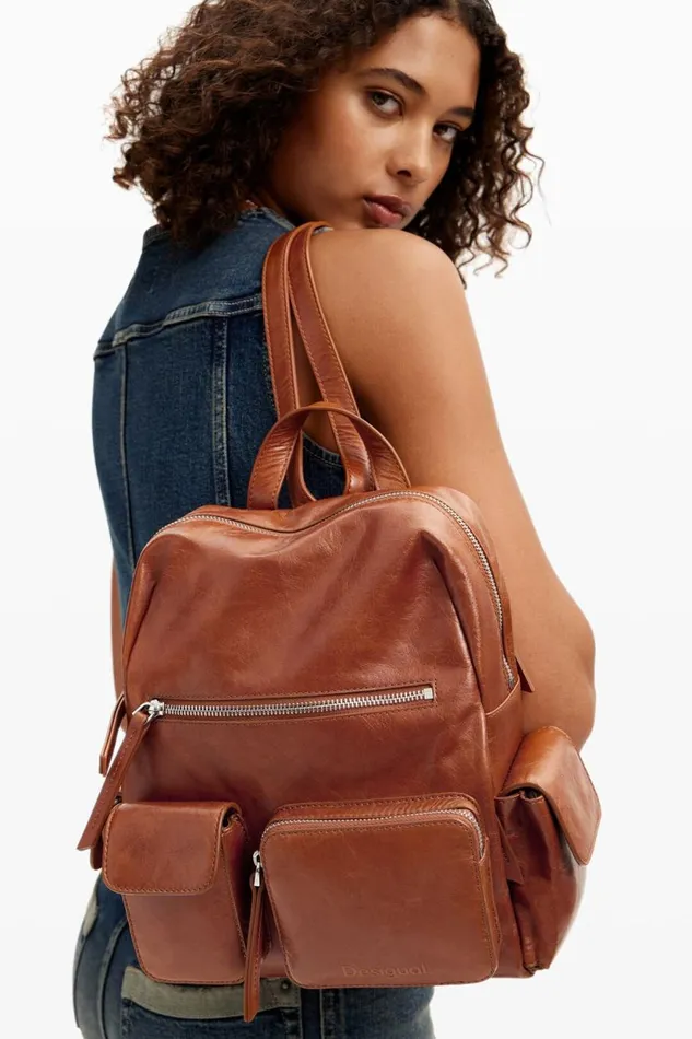 Backpacks Women Desigual Multipocket Leather Backpack Brown