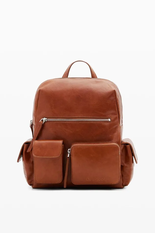Backpacks Women Desigual Multipocket Leather Backpack Brown