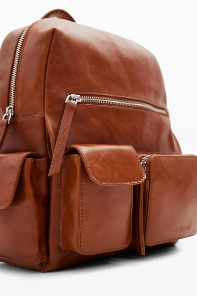 Backpacks Women Desigual Multipocket Leather Backpack Brown