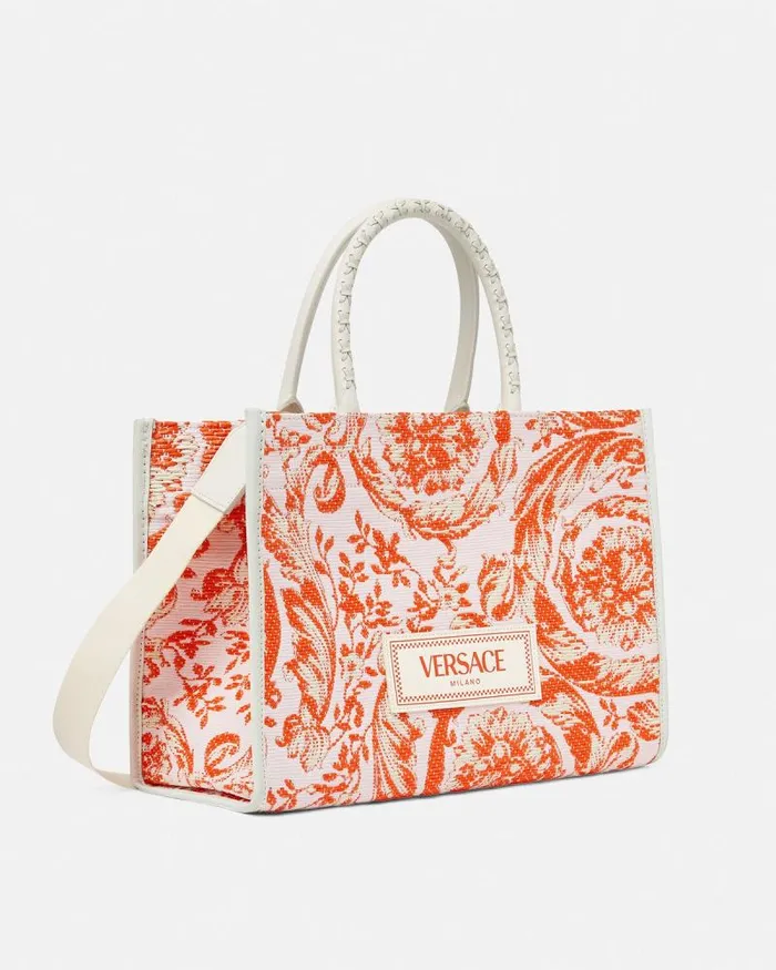 Barocco Athena Raffia Medium Tote Bag Coral WomenMen Versace Totes