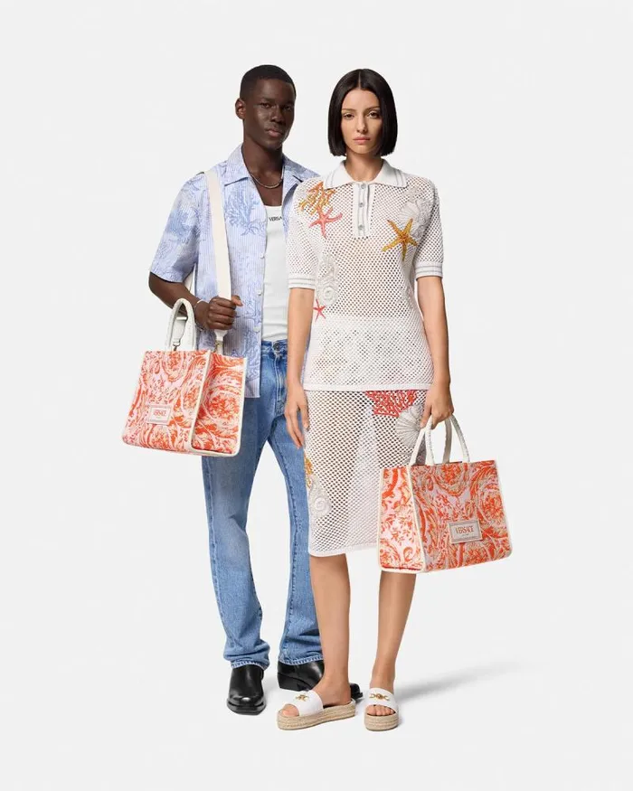 Barocco Athena Raffia Medium Tote Bag Coral WomenMen Versace Totes