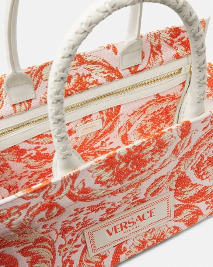 Barocco Athena Raffia Medium Tote Bag Coral WomenMen Versace Totes