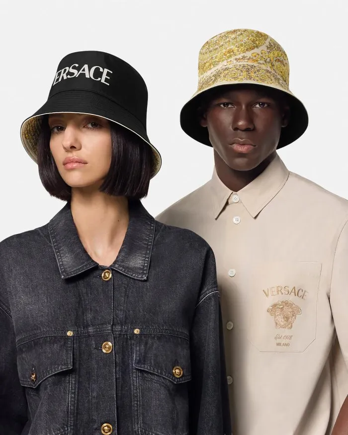 Barocco Reversible Bucket Hat Yellowprint WomenMen Versace Hats and Caps