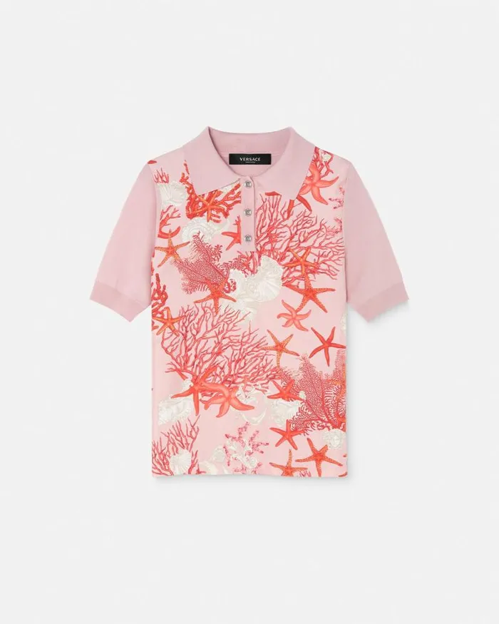 Barocco Sea Knit Polo Shirt Pinkprint Women Versace Knitwear