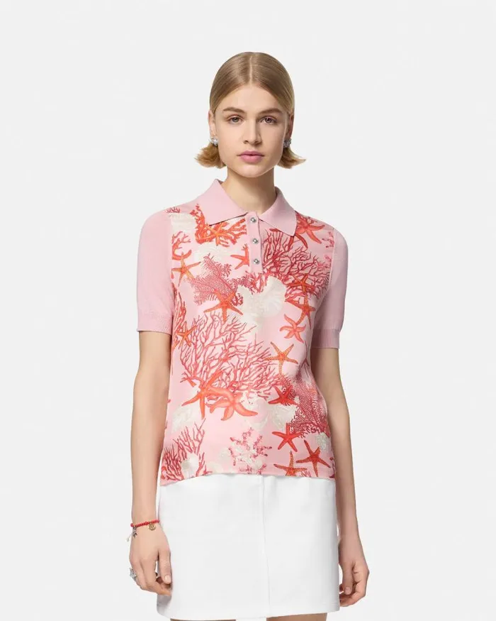 Barocco Sea Knit Polo Shirt Pinkprint Women Versace Knitwear