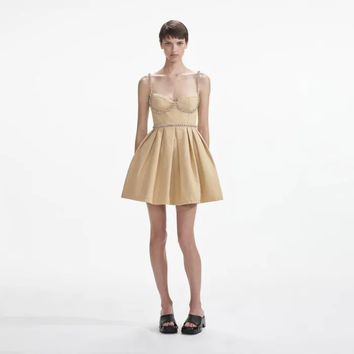 Beige Diamante Denim Mini Dress Women Self Portrait Dresses
