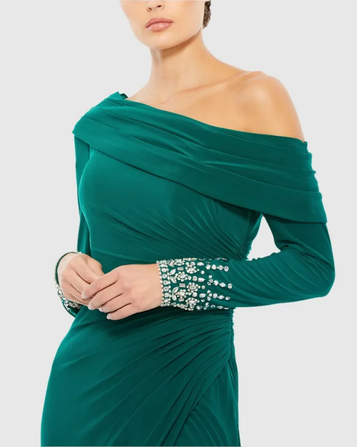 Best Sellers Beaded Cuff Drop Shoulder Faux Wrap Dress Emerald Mac Duggal Women