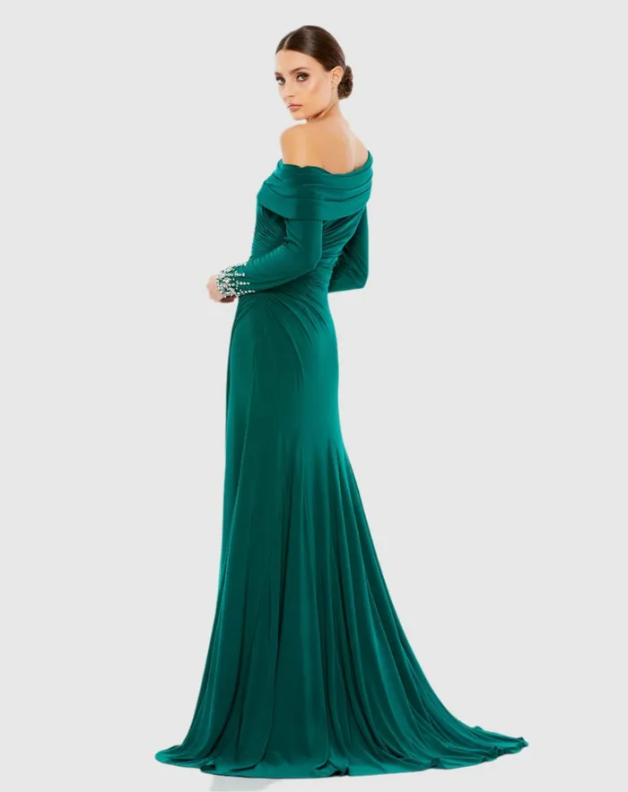 Best Sellers Beaded Cuff Drop Shoulder Faux Wrap Dress Emerald Mac Duggal Women