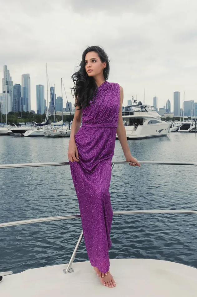 Best Sellers Mac Duggal Women Dark Purple Sequined Ruched One Shoulder Gown Purple