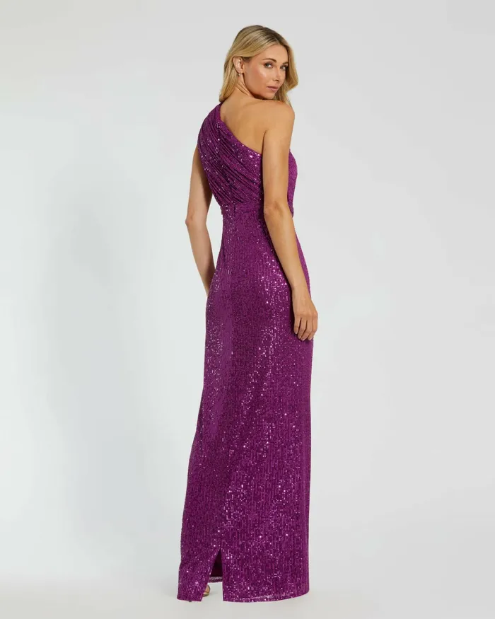 Best Sellers Mac Duggal Women Dark Purple Sequined Ruched One Shoulder Gown Purple