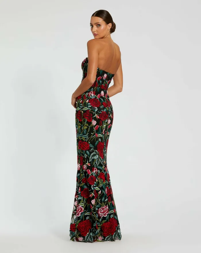 Best Sellers Mac Duggal Women Sheer Bustier Top Floral Applique Gown Black Multi