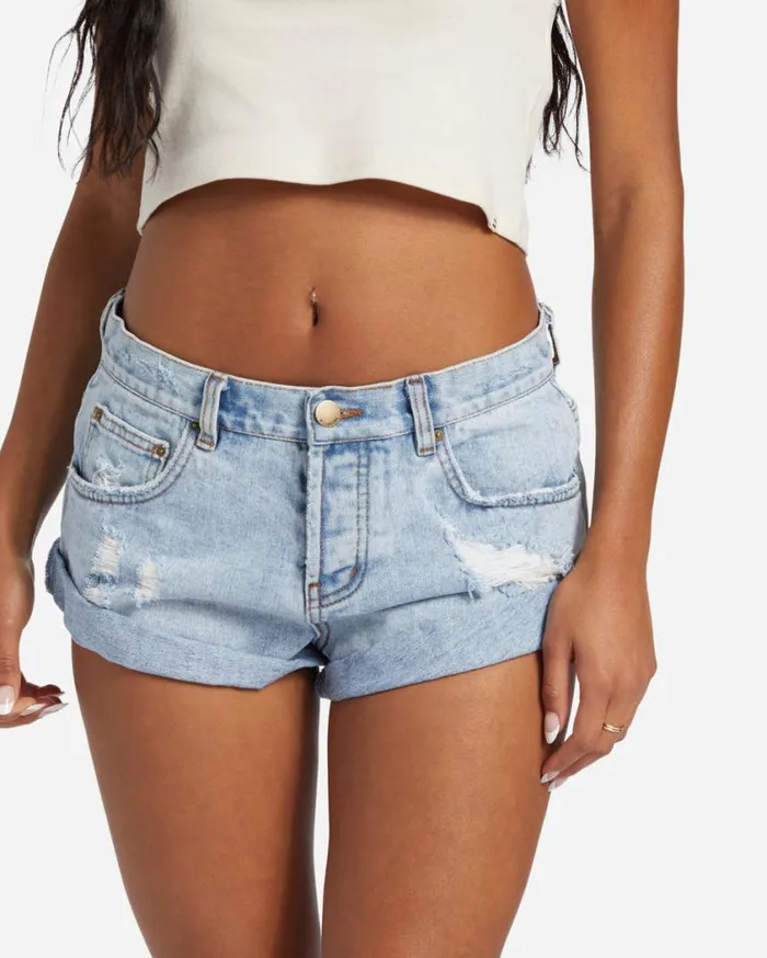 Billabong Get Low Short Denim Shorts Light Wash Destroy Womens Shorts Billabong Get Low Short Denim Shorts Light Wash Destroy Womens Shorts