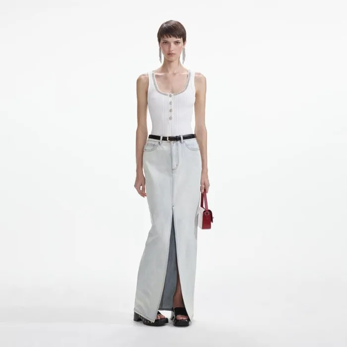Bleach Wash Denim Maxi Skirt Women Self Portrait Bottoms