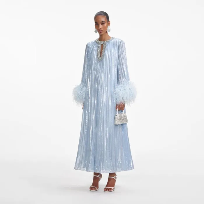Blue Metallic Chiffon Feather Midi Dress Women Self Portrait Dresses Blue Metallic Chiffon Feather Midi Dress Women Self Portrait Dresses