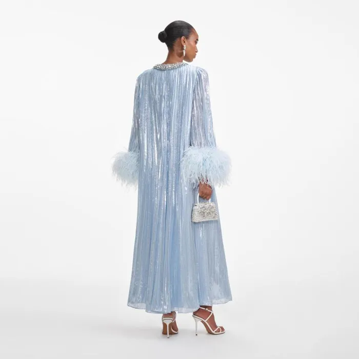 Blue Metallic Chiffon Feather Midi Dress Women Self Portrait Dresses Blue Metallic Chiffon Feather Midi Dress Women Self Portrait Dresses