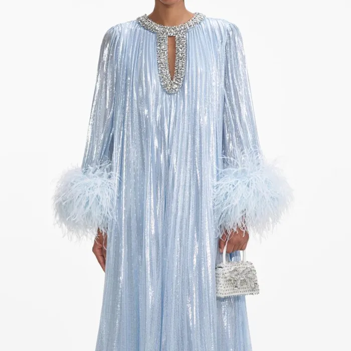 Blue Metallic Chiffon Feather Midi Dress Women Self Portrait Dresses Blue Metallic Chiffon Feather Midi Dress Women Self Portrait Dresses