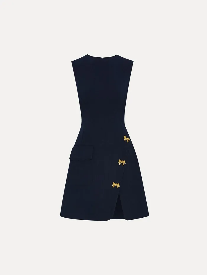 Bow Button Split Skirt Dress Navy Women Oscar De La Renta Dresses
