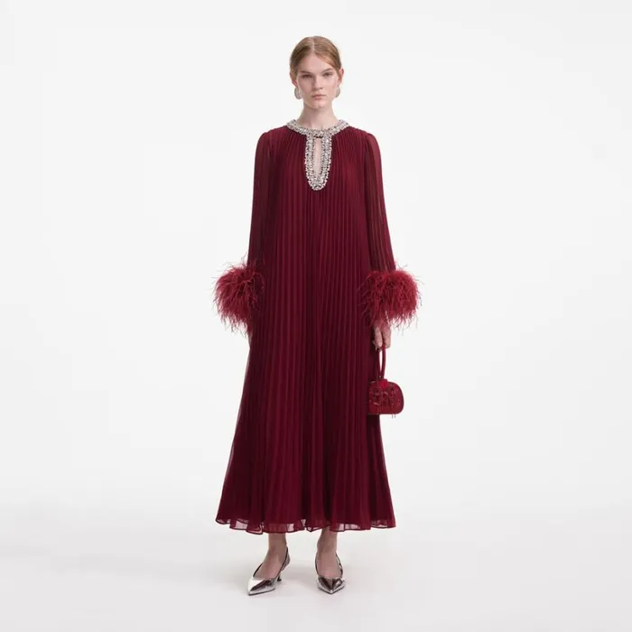 Burgundy Chiffon Feather Midi Dress Women Self Portrait Wedding Guest