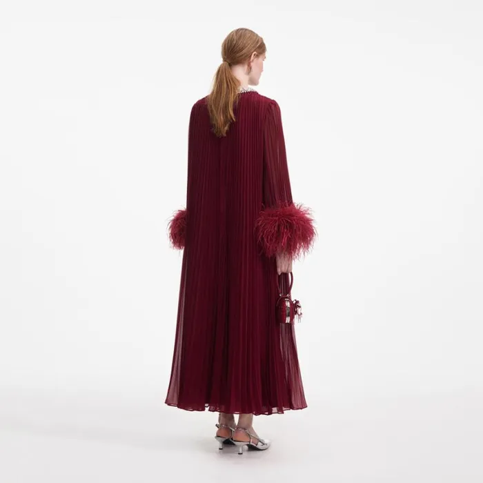 Burgundy Chiffon Feather Midi Dress Women Self Portrait Wedding Guest Burgundy Chiffon Feather Midi Dress Women Self Portrait Wedding Guest