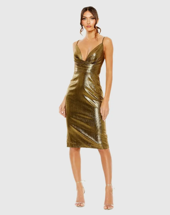 Cocktail Dresses Women Mac Duggal Gold Metallic V Neck Midi Dress Antique Gold
