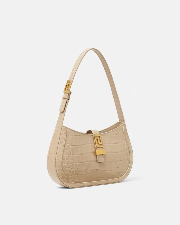 CrocEffect Greca Goddess Hobo Bag Beige Women Versace Shoulder and Crossbody