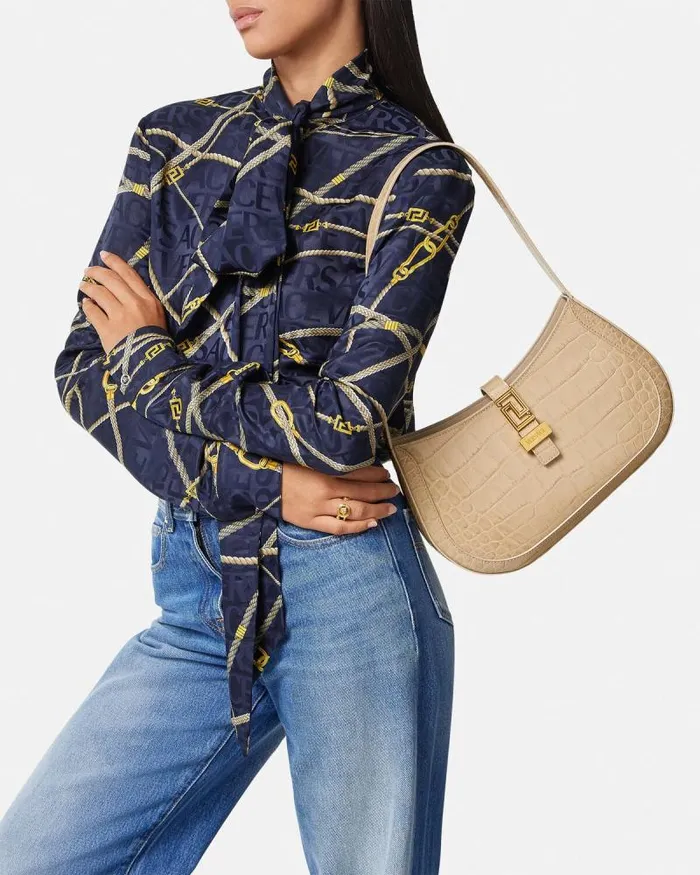 CrocEffect Greca Goddess Hobo Bag Beige Women Versace Shoulder and Crossbody