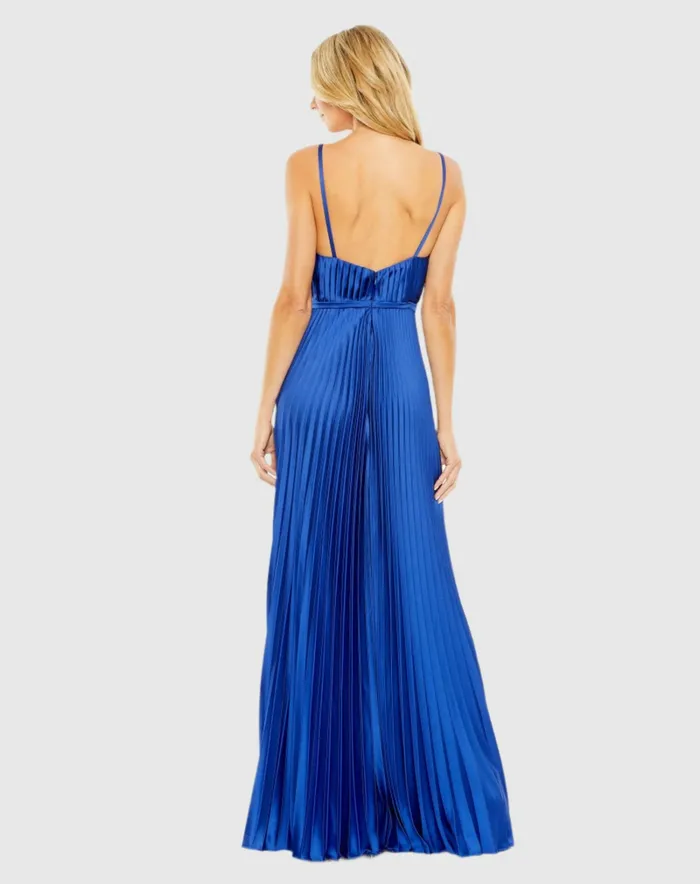 Dark Blue Pleated Plunge Neck Wide Leg Jumpsuit Royal Women Jumpsuits and Rompers Mac Duggal