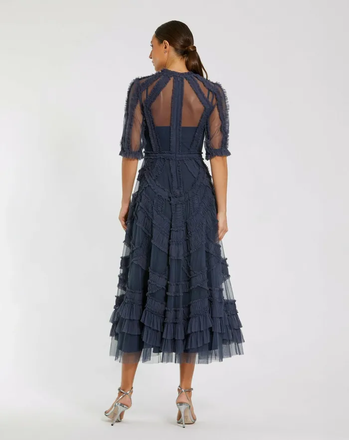 Daytime Dresses Dark Blue High Neck Micro Ruffle Tiered Midi Dress Midnight Mac Duggal Women