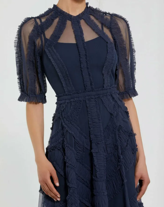 Daytime Dresses Dark Blue High Neck Micro Ruffle Tiered Midi Dress Midnight Mac Duggal Women