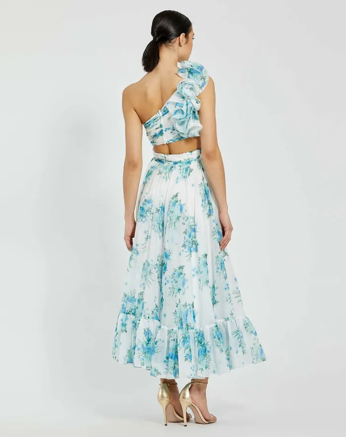 Daytime Dresses Mac Duggal Women One Shoulder Ruffle CutOut Chiffon Midi Dress White Multi