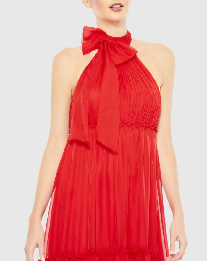 Daytime Dresses Mac Duggal Women Ruched Tiered High Neck Bow A Line Gown Red Daytime Dresses Mac Duggal Women Ruched Tiered High Neck Bow A Line Gown Red