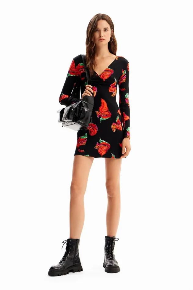 Dresses And Jumpsuits Women Desigual Ribbed Floral Mini Dress Black
