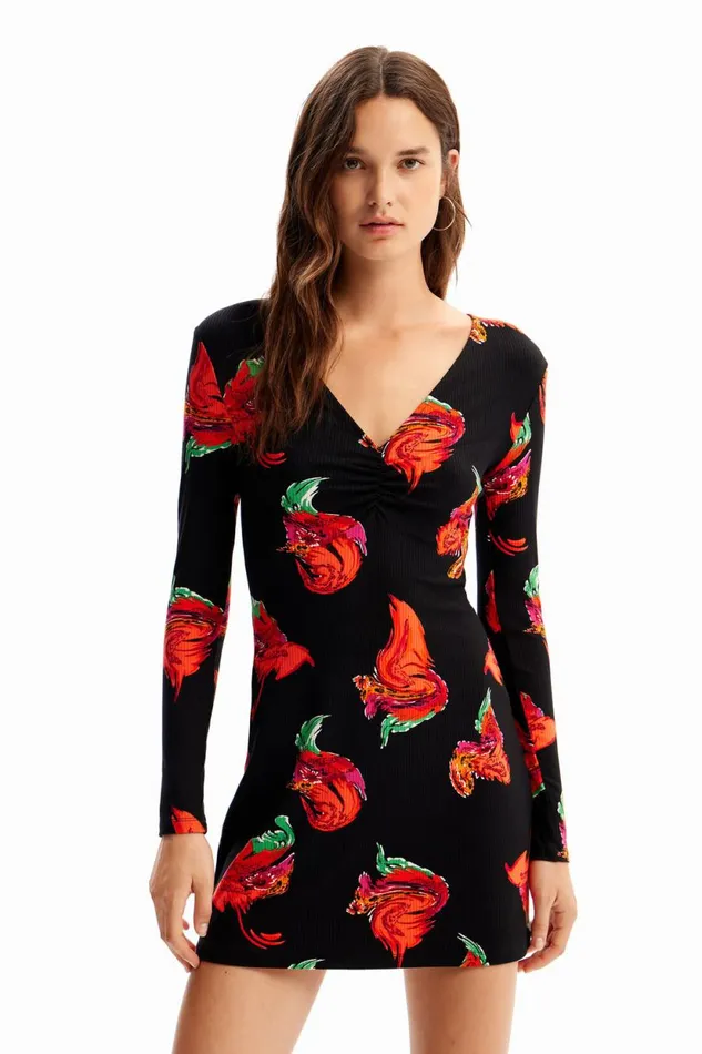 Dresses And Jumpsuits Women Desigual Ribbed Floral Mini Dress Black