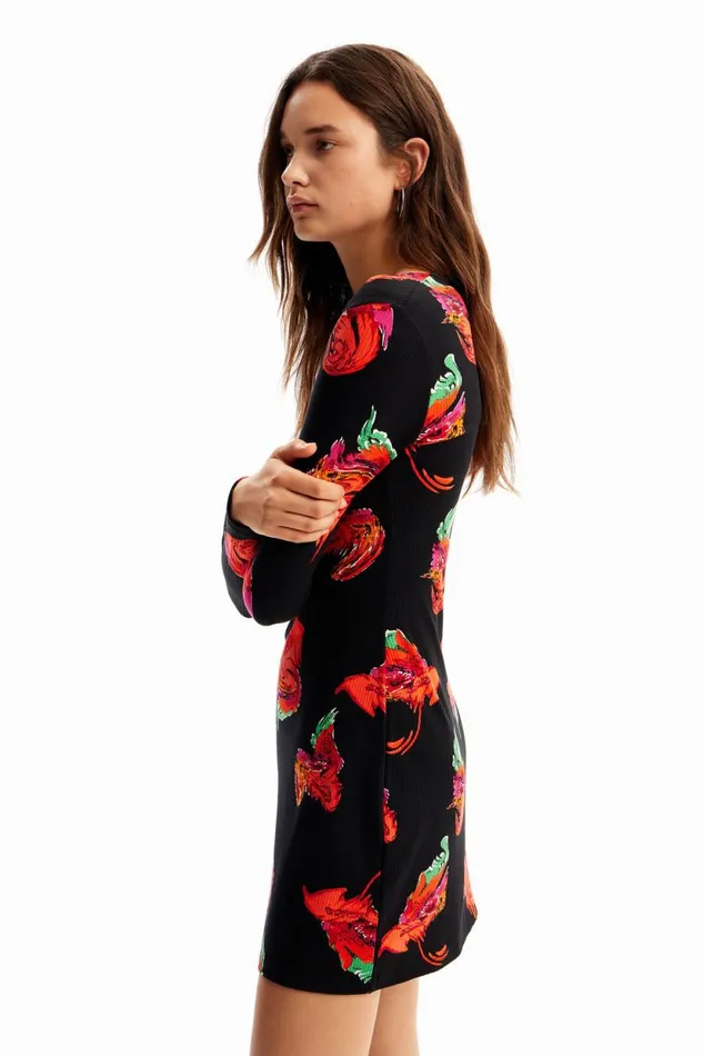 Dresses And Jumpsuits Women Desigual Ribbed Floral Mini Dress Black