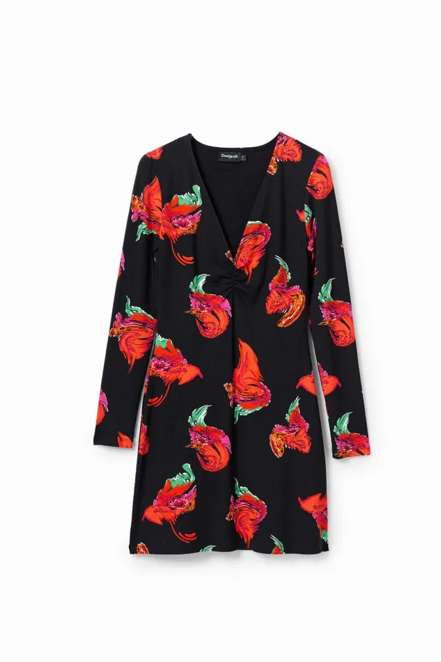 Dresses And Jumpsuits Women Desigual Ribbed Floral Mini Dress Black