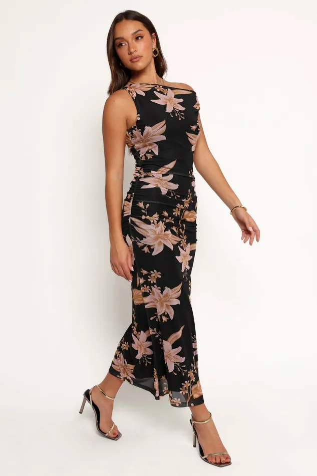 Dresses Petal and Pup Women Arabelle Maxi Off Shoulder Dress Black Peach