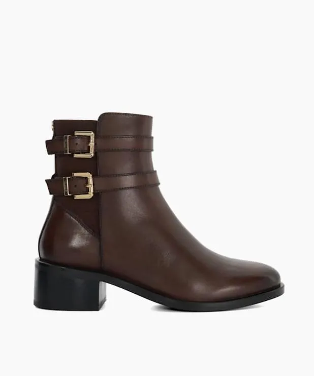 Dune London Brown Boots Women Leather Double Buckle Block Heel Boots Brown