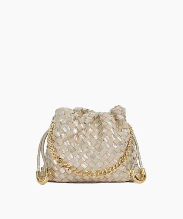 Dune London Leather Bags Women Small Drawstring Woven Leather Bag Metallic