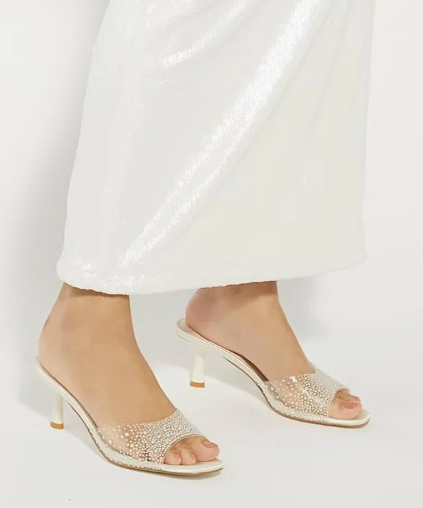 Dune London White Sandals Women Sea Pearl Embellished Vinyl Wedding Mules White