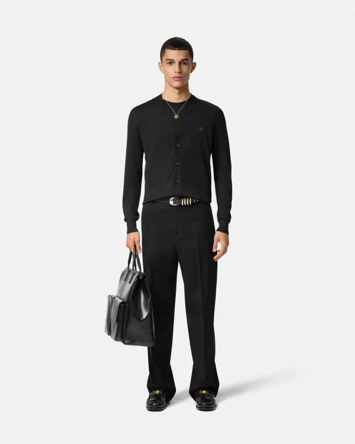 Embroidered WoolBlend Cardigan Black Men Versace Knitwear