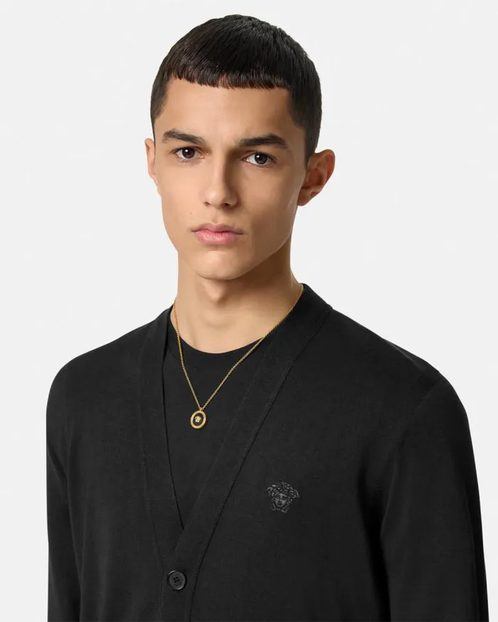 Embroidered WoolBlend Cardigan Black Men Versace Knitwear