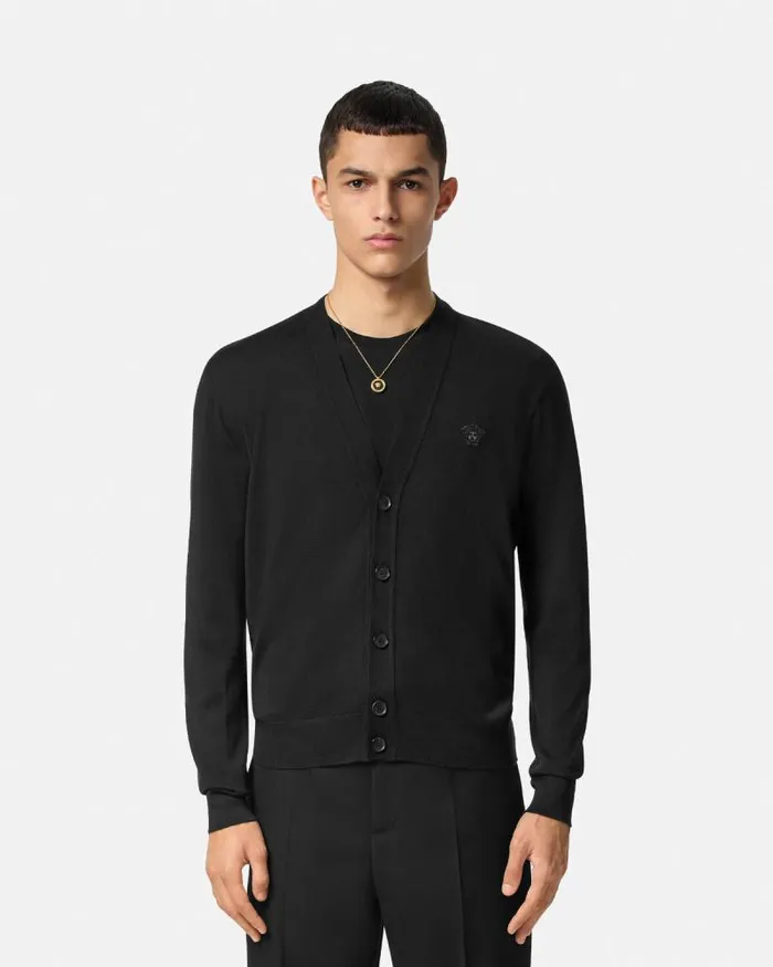 Embroidered WoolBlend Cardigan Black Men Versace Knitwear